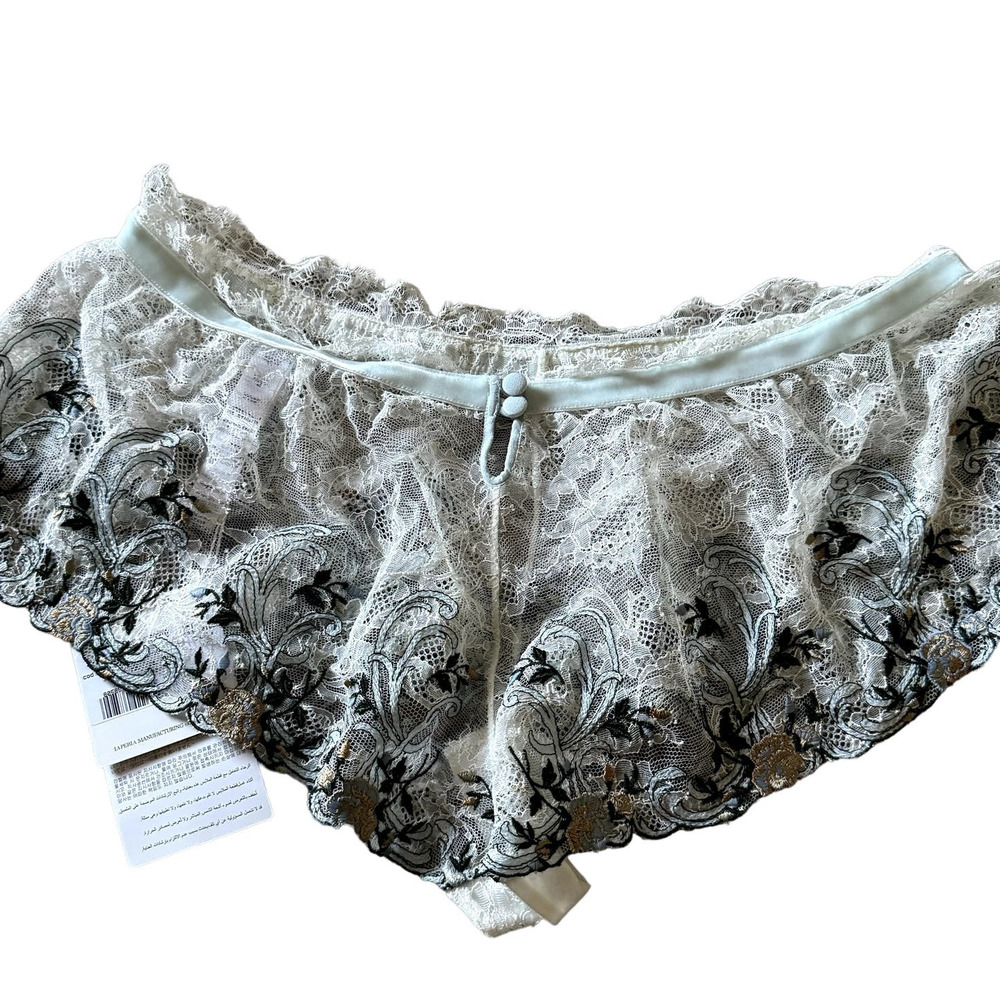 La Perla White Lace Blue Gold Floral Cheeky Boyshort Panty Medium MSRP 535 - Picture 3 of 4